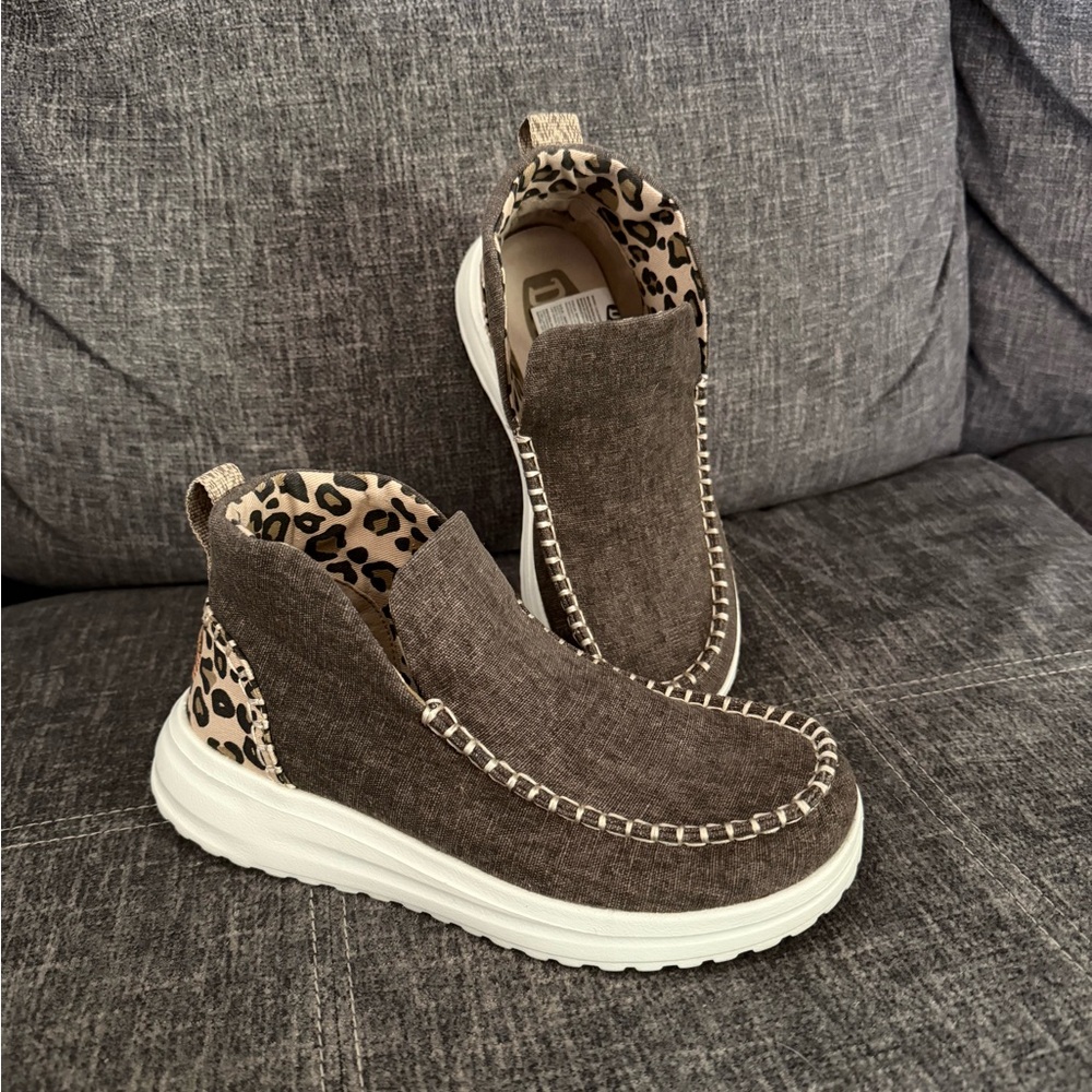 Women’s Hey Dude heavy canvas slip on Sneakers in Brown with Leopard Trim